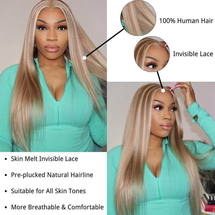 Perfect Flawless Ash Blonde Straight Highlight Glueless Lace Frontal Human Hair Wigs BlingHair