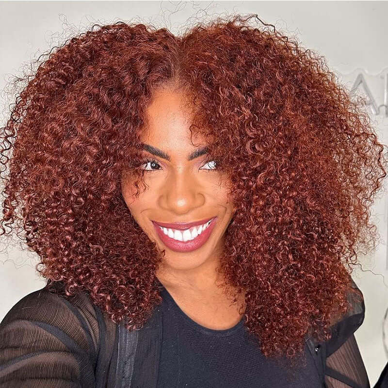 Pre-Cut 4C Afro Kinky Curly Wig Auburn Brown 13x4 Lace Frontal Air Wig