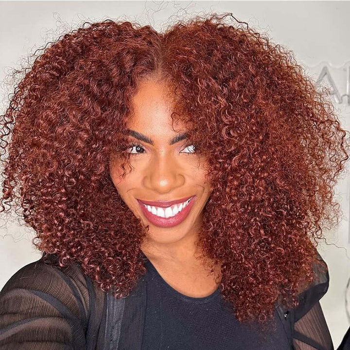 Pre-Cut 4C Afro Kinky Curly Wig Auburn Brown 13x4 Lace Frontal Air Wig
