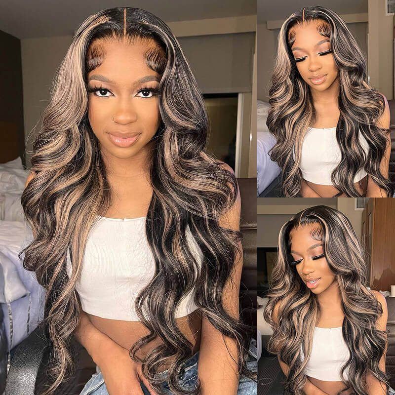 Glueless Wigs Human Hair Balayage Highlights Colored Lace Frontal Human Hair Wigs Body Wave/Straight