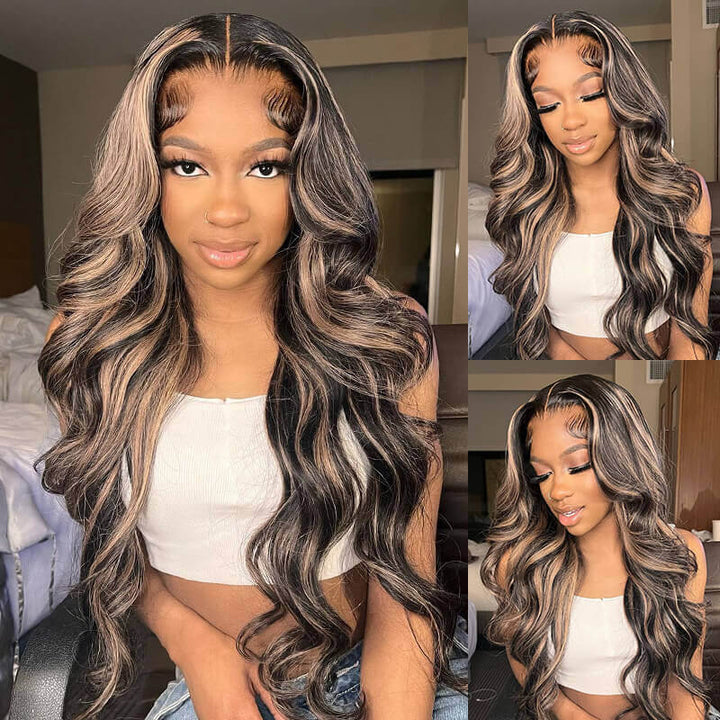 Glueless Wigs Human Hair Balayage Highlights Colored Lace Frontal Human Hair Wigs Body Wave/Straight
