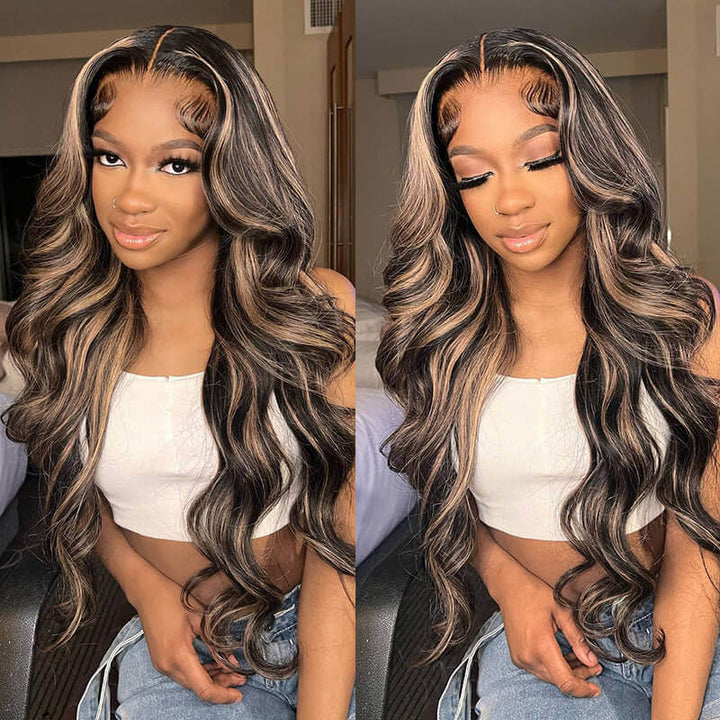 Glueless Wigs Human Hair Balayage Highlights Colored Lace Frontal Human Hair Wigs Body Wave/Straight