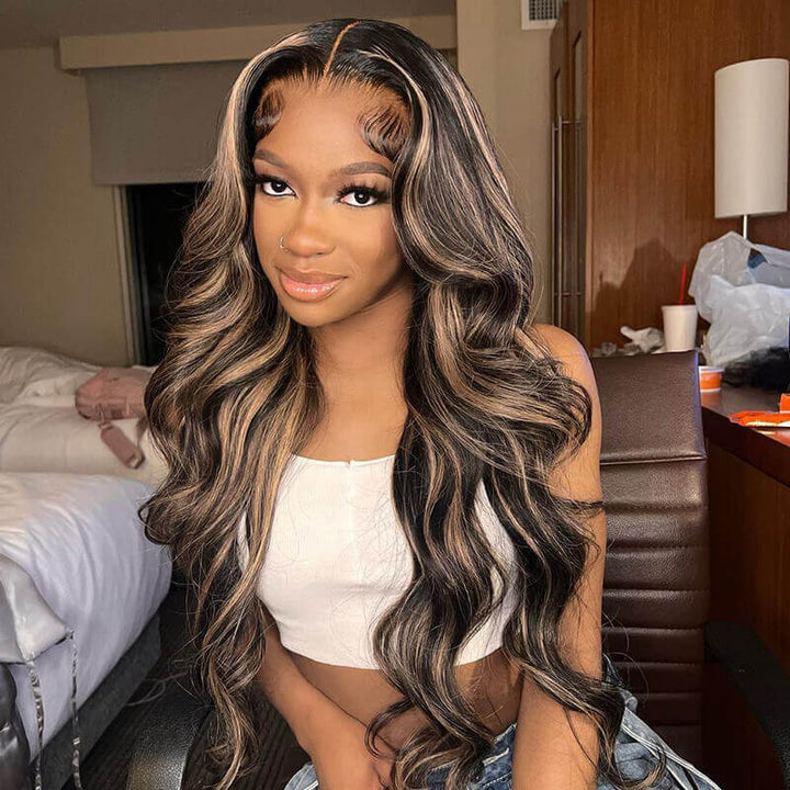 Glueless Wigs Human Hair Balayage Highlights Colored Lace Frontal Human Hair Wigs Body Wave/Straight