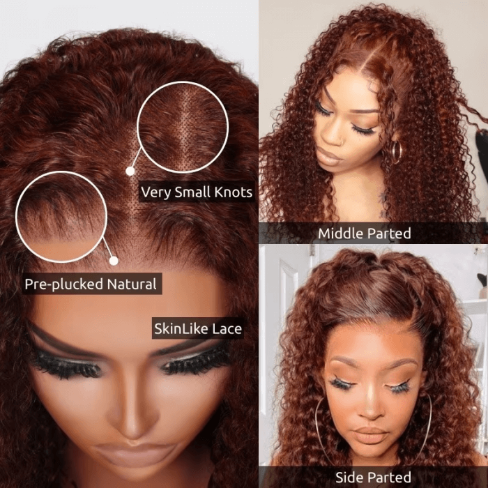 Reddish Brown Kinky Curly 6x4 Pre-Cut Breathable Cap Lace Front Human Hair Wig Easy to Wear