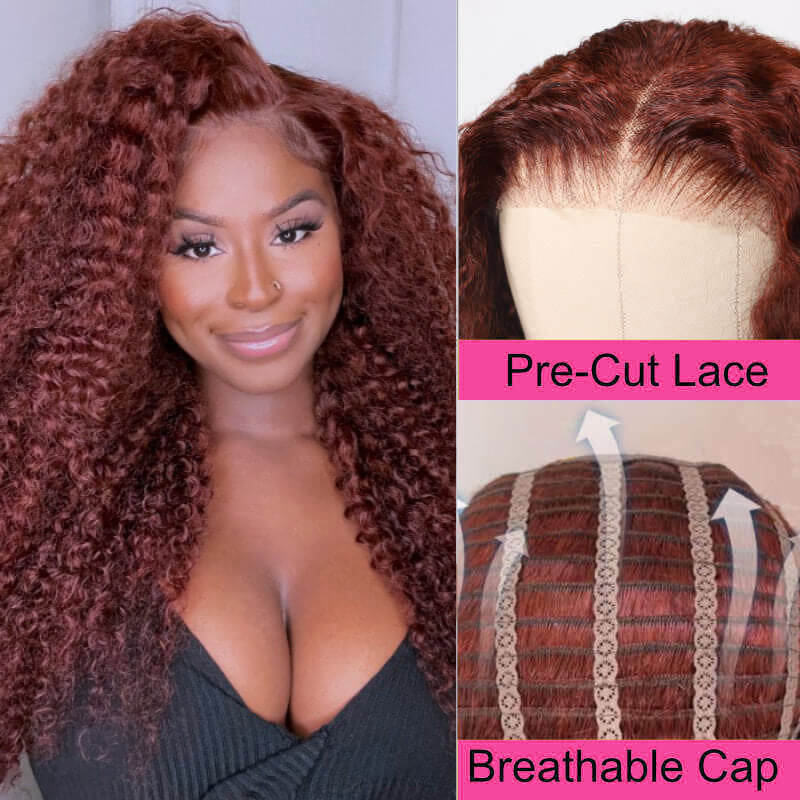 Reddish Brown Kinky Curly 6x4 Pre-Cut Breathable Cap Lace Front Human Hair Wig Easy to Wear