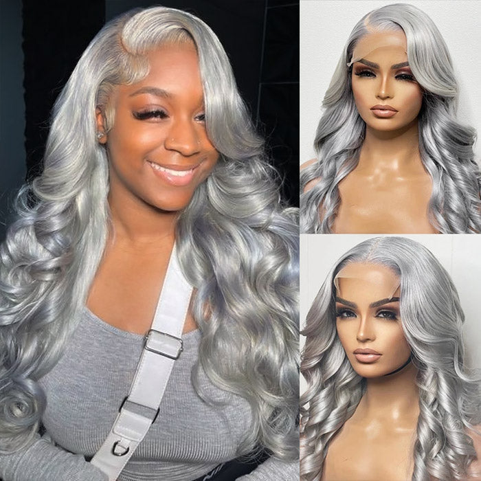 Silver Grey Body Wave Lace Frontal Human Brazilian Hair Colored Wigs For Women