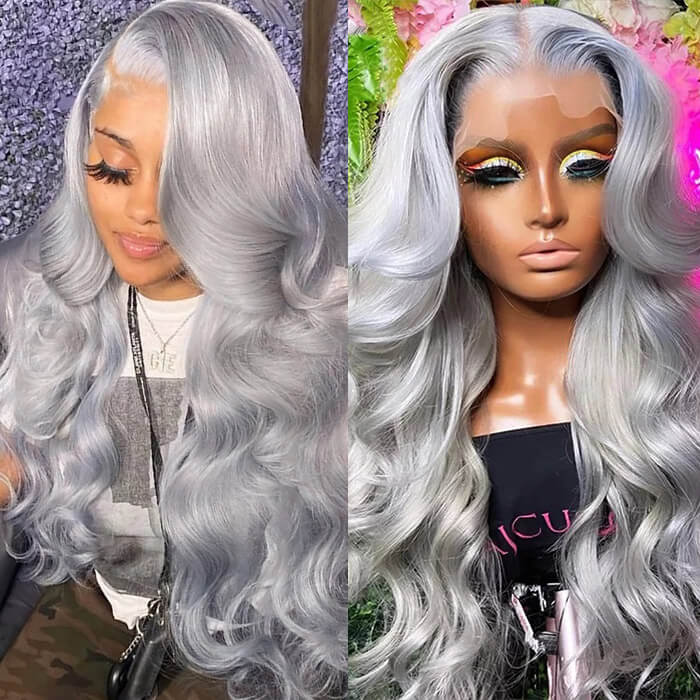 Silver Grey Body Wave Lace Frontal Human Brazilian Hair Colored Wigs For Women