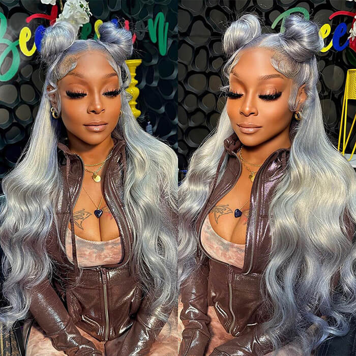 Silver Grey Body Wave Lace Frontal Human Brazilian Hair Colored Wigs For Women