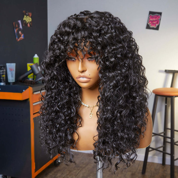 Water Wave Machine Made Wigs Human Hair Wig With Free Part Bangs