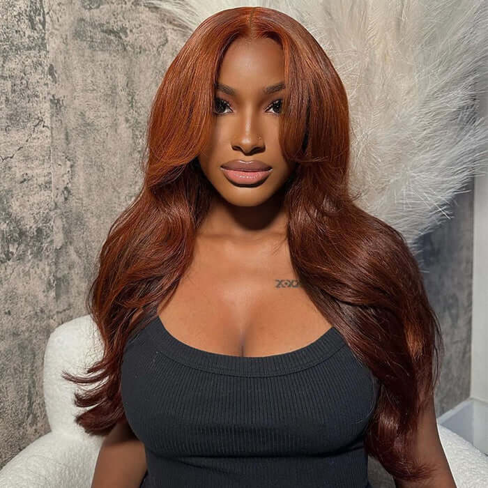 Curtain Bangs Copper Brown Body Wave Human Hair Wig HD Lace Human Hair Wig