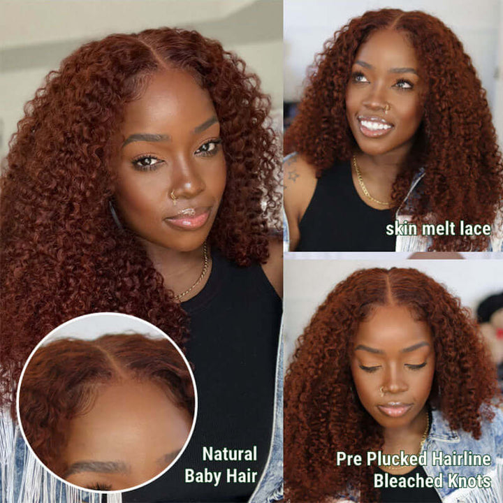 Auburn Brown Color 13x4 Glueless Lace Frontal Wig Kinky Curly Human Hair