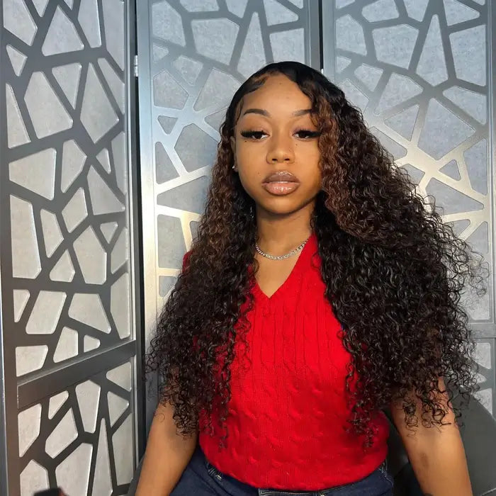 Curly Lace Closure Wig Highlight Brown Colored Lace Frontal Human Hair Wigs