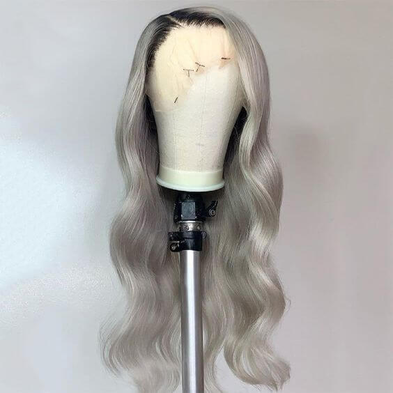 New Fashion Beautiful Women's Long Omber Dark Silver Grey Body Wave Lace Frontal Wigs
