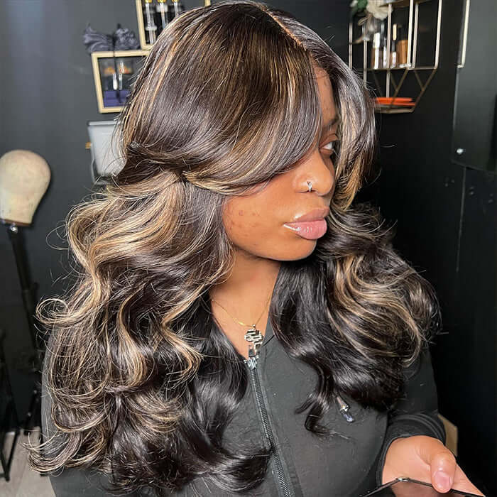 Curtain Bangs Blayage Highlight 1B/27 Color Body Wave Human Hair Glueless Lace Front Wigs