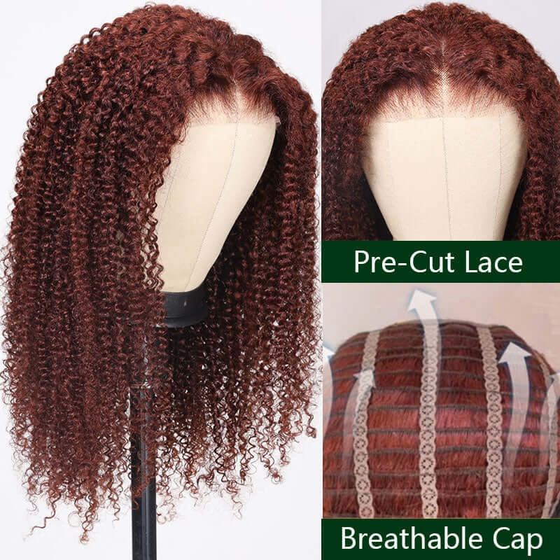 Auburn Brown Color 13x4 Glueless Lace Frontal Wig Kinky Curly Human Hair