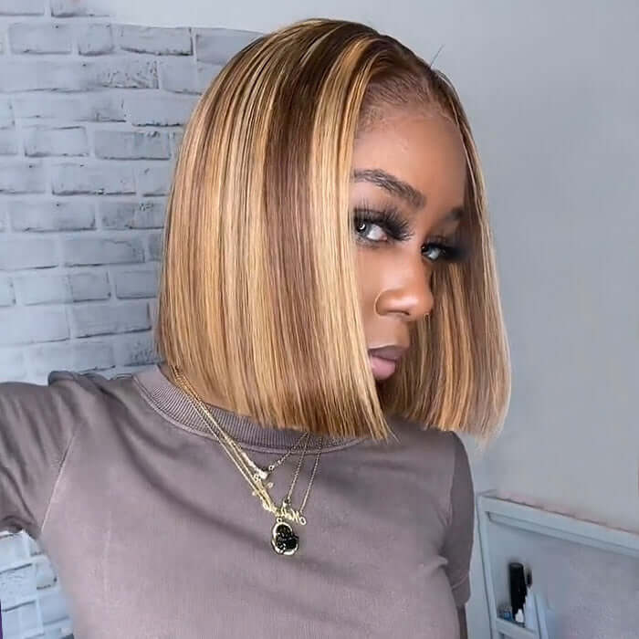 Ready To Wear Pre-Cut 4x6 Highlight Piano Color Straight Glueless Bob Wig with Pre Plucked Hairline & Bleached Knots