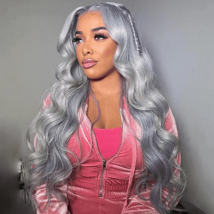 Silver Grey Body Wave Lace Frontal Human Brazilian Hair Colored Wigs For Women