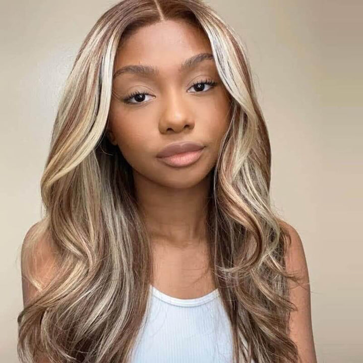 Champagne With Blonde Color Highlight Virgin Wigs Body Wave 13x4 Transparent Lace Wigs Bling Hair
