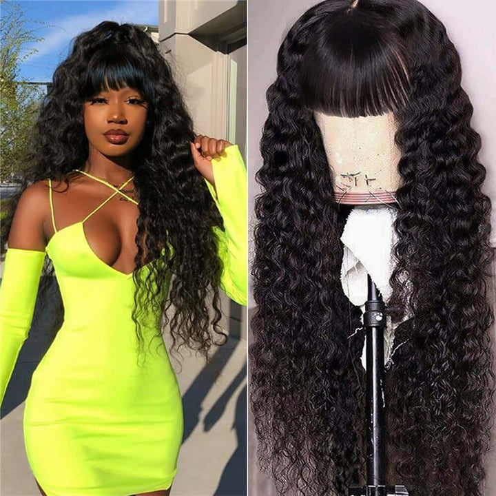 Peluca Bob de onda profunda con flequillo limpio, sin cola, súper asequible, hecha a máquina, cabello virgen, pelucas de cabello humano brasileño, cabello ostentoso