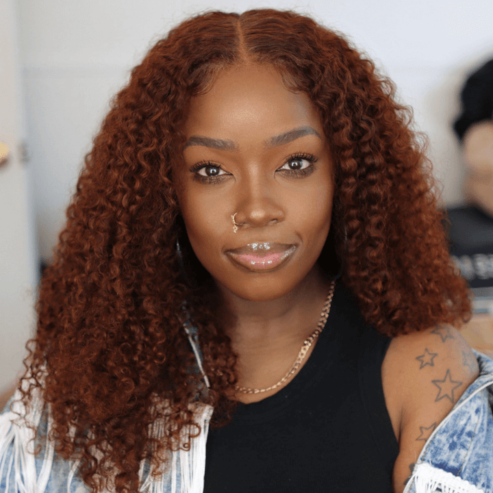 Auburn Brown Color 13x4 Glueless Lace Frontal Wig Kinky Curly Human Hair