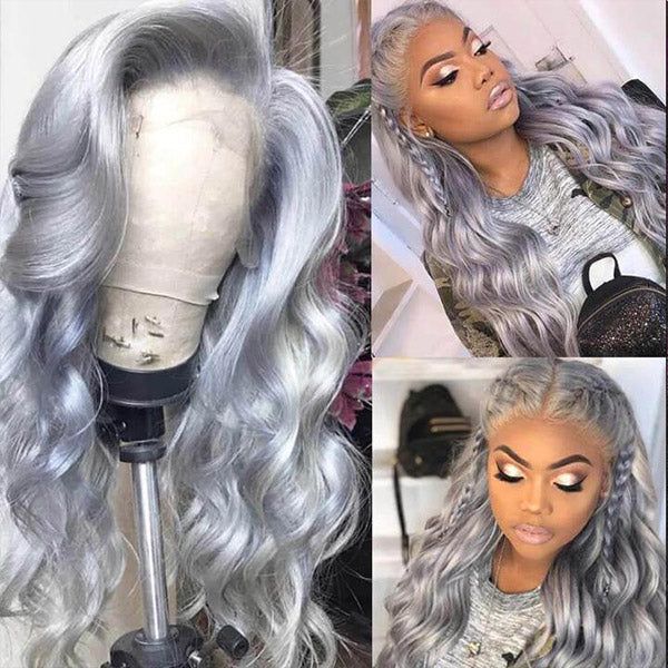 Silver Grey Body Wave Lace Frontal Human Brazilian Hair Colored Wigs For Women