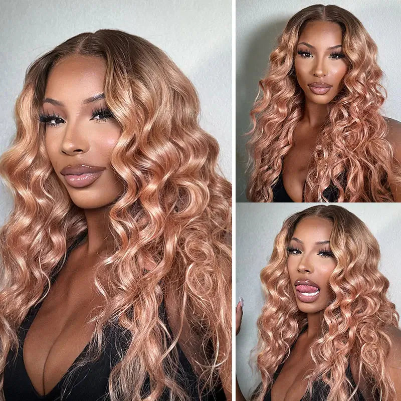 Champagne Rose Body Wave Human Hair with Brown Roots Color Hair Wigs