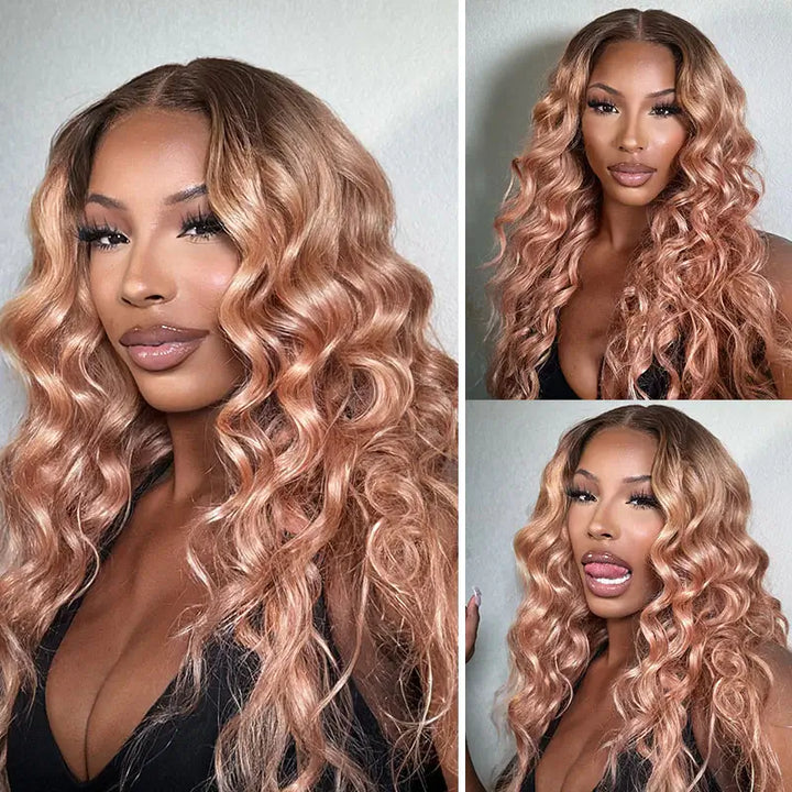 Champagne Rose Body Wave Human Hair with Brown Roots Color Hair Wigs