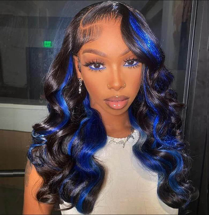 Glueless Highlight Blue Body Wave Transparent Lace Front Color Wigs Human Hair Wigs For Women