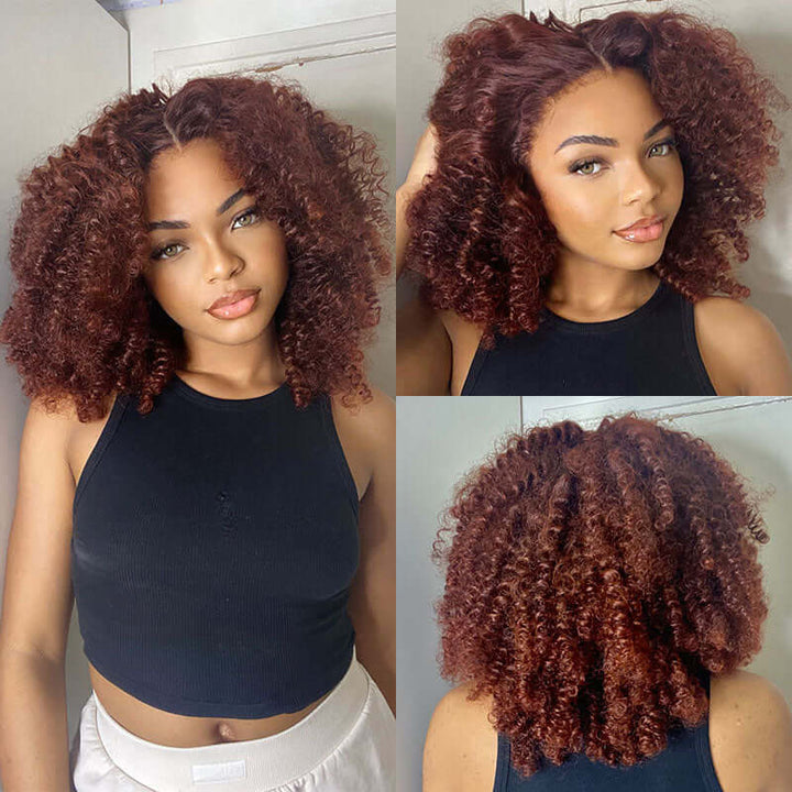 Pre-Cut 4C Afro Kinky Curly Wig Auburn Brown 13x4 Lace Frontal Air Wig