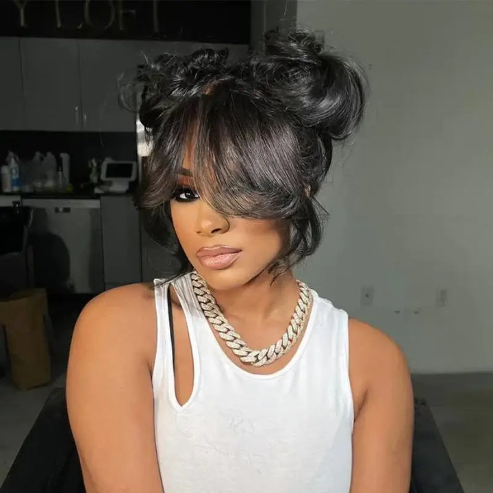 Curtain Bangs Human Hair Wig 250 Density 13X4 Lace Frontal Body Wave Wavy Wigs