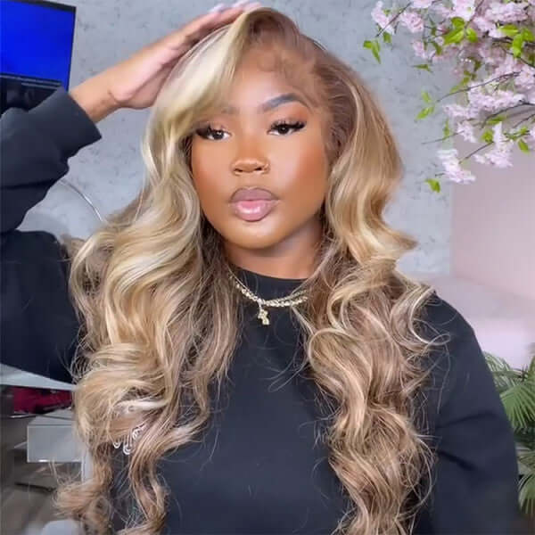 Champagne With Blonde Color Highlight Virgin Wigs Body Wave 13x4 Transparent Lace Wigs Bling Hair