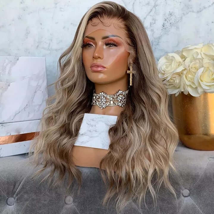 Ash Blonde Wavy Body Wave 13x4 Lace Front Wig With Dark Roots Glueless Human Hair Wig