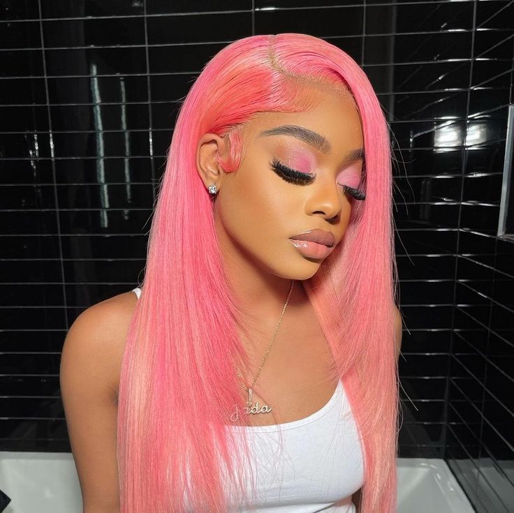Bone Straight 13x4 Lace Front Wig Human Hair With Layer Inner Buckle Omber Pink Color Wig