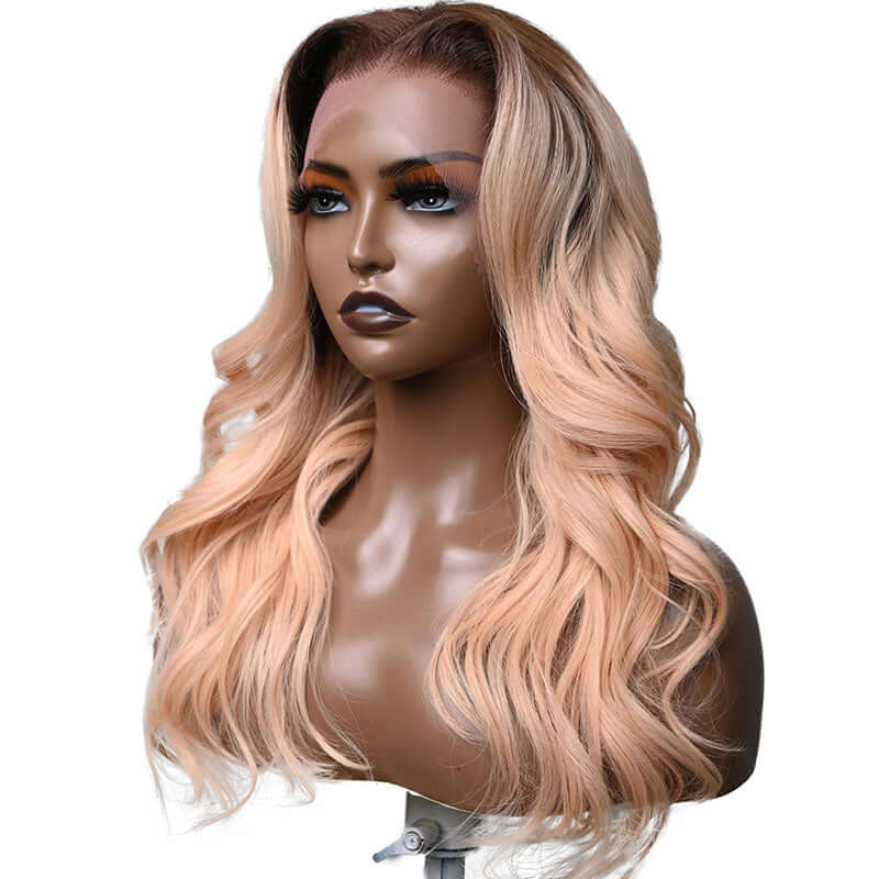Champagne Rose Body Wave Human Hair with Brown Roots Color Hair Wigs
