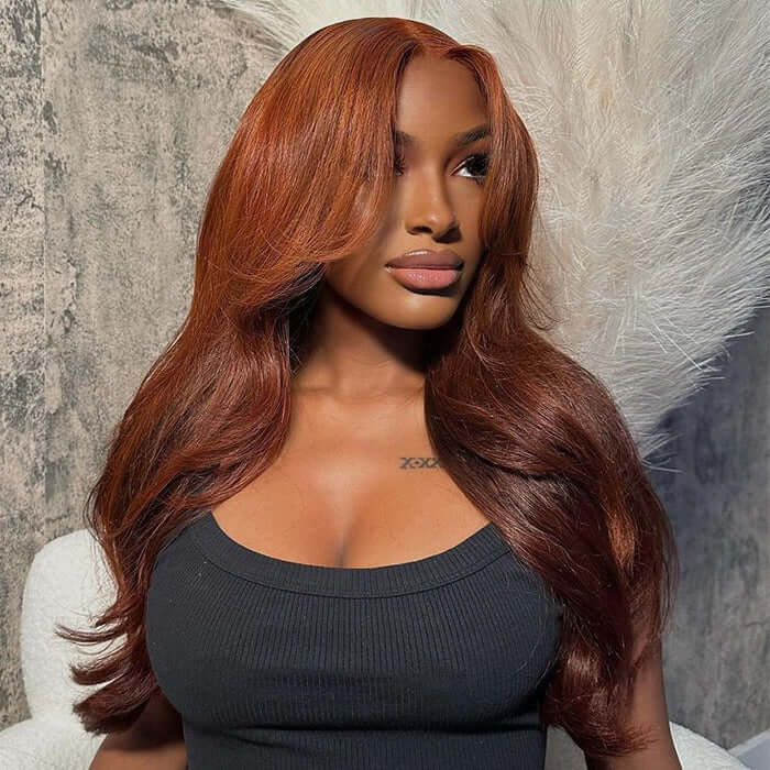 Curtain Bangs Copper Brown Body Wave Human Hair Wig HD Lace Human Hair Wig