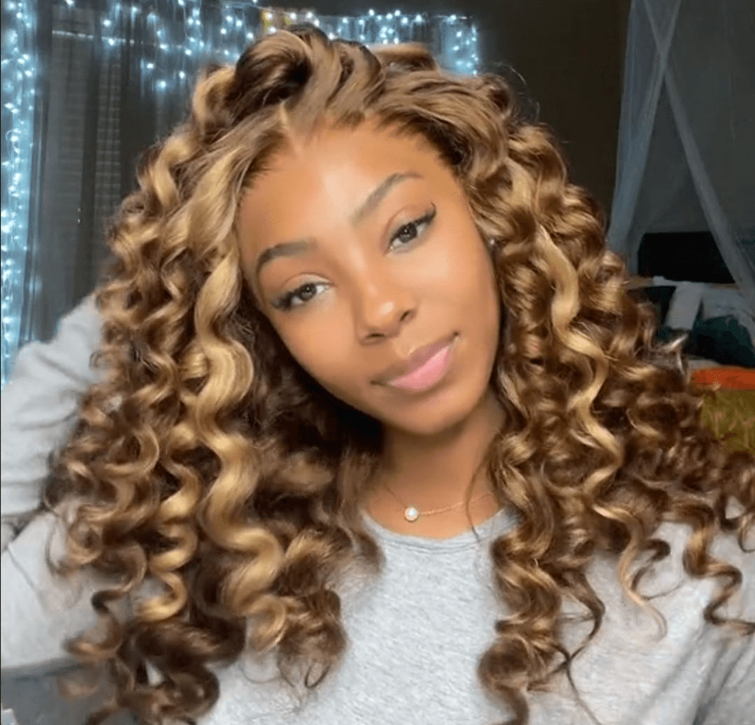 Highlight Honey Blonde Bouncy Curly Hair Lace Front Wand Curl Human Hair Wig