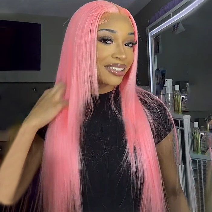 Bone Straight 13x4 Lace Front Wig Human Hair With Layer Inner Buckle Omber Pink Color Wig