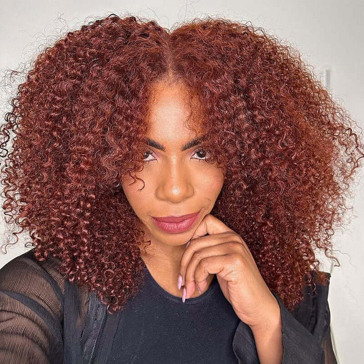 Pre-Cut 4C Afro Kinky Curly Wig Auburn Brown 13x4 Lace Frontal Air Wig