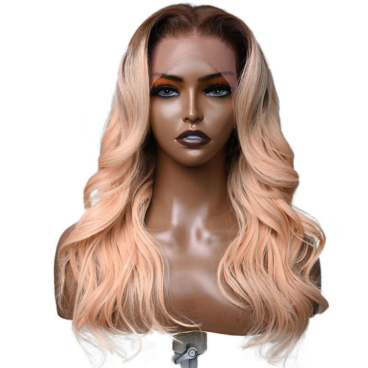 Champagne Rose Body Wave Human Hair with Brown Roots Color Hair Wigs