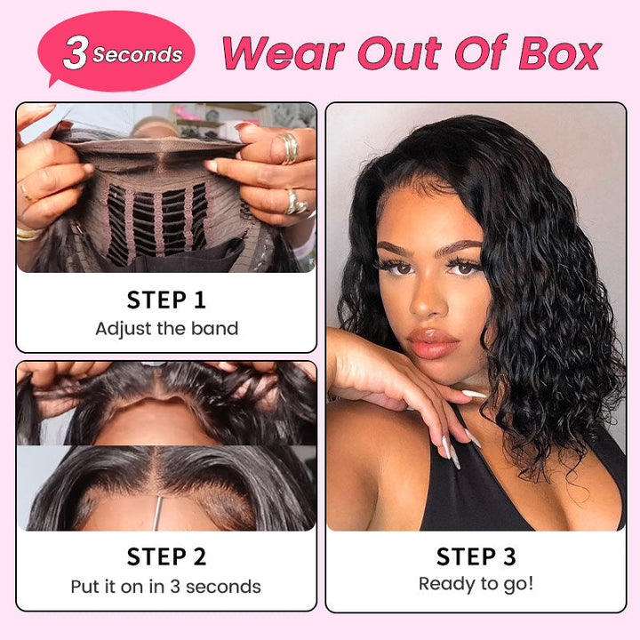 Water Wave 4x6 Wear & Go Short Bob Wig Human Hair Glueless Pre-Cut Air Lace Wig