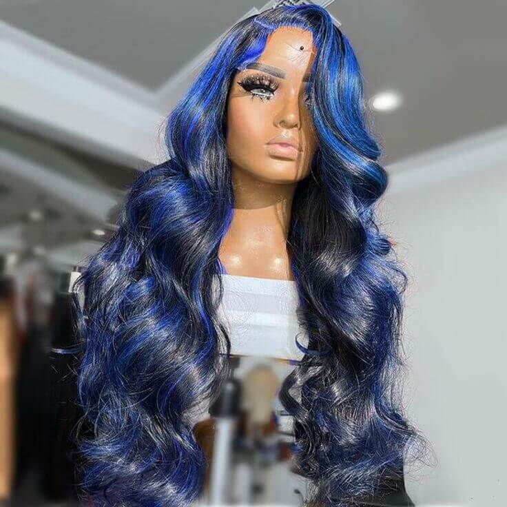 Glueless Highlight Blue Body Wave Transparent Lace Front Color Wigs Human Hair Wigs For Women
