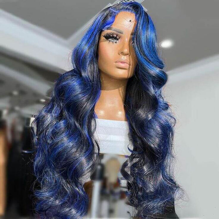 Glueless Highlight Blue Body Wave Transparent Lace Front Color Wigs Human Hair Wigs For Women