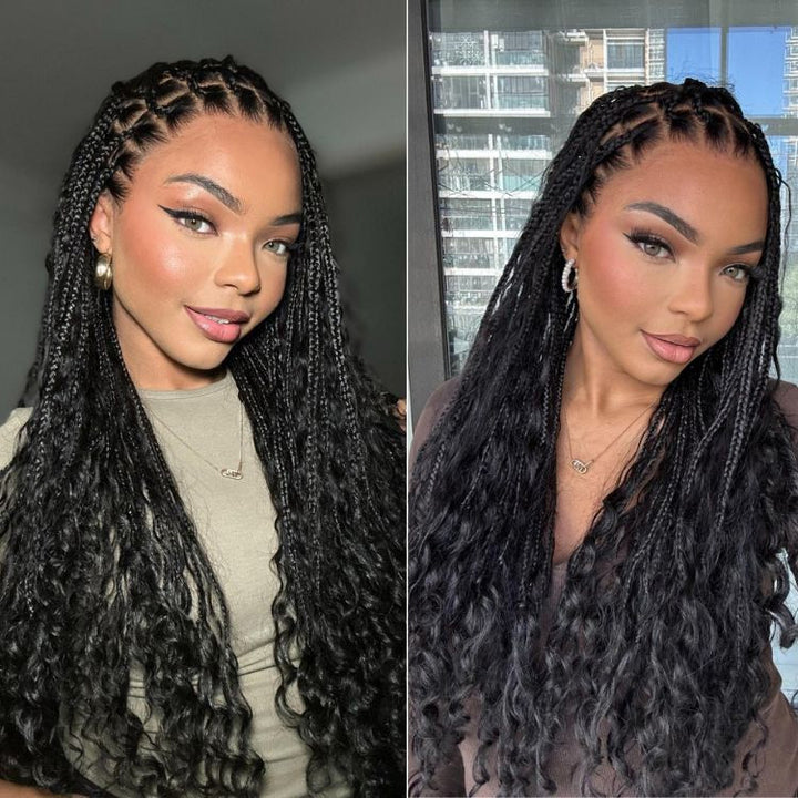 30 Inch Long Invisi Drawstring Cap Glueless Full Lace Knotless Boho Curls Braided Wig