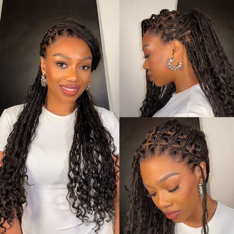 30 Inch Long Invisi Drawstring Cap Glueless Full Lace Knotless Boho Curls Braided Wig