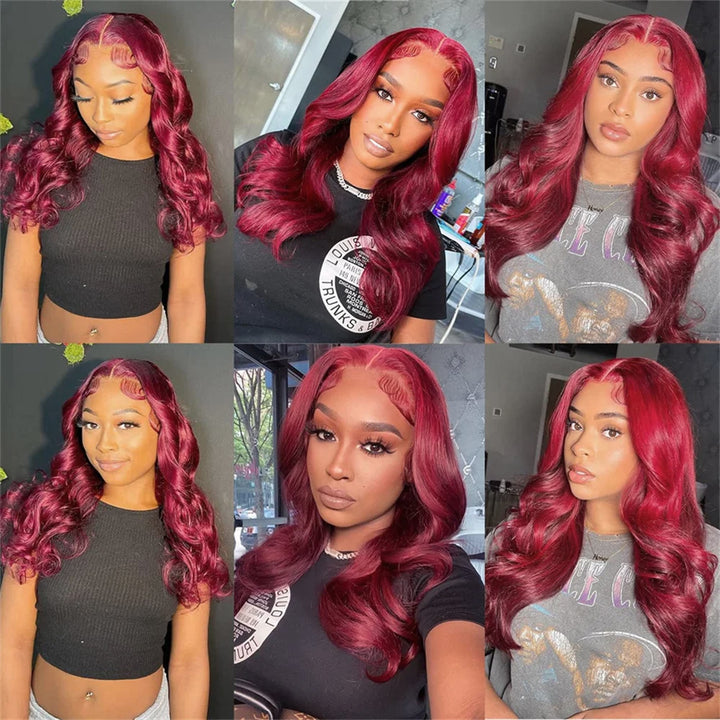 Super Sale Burgundy 99J Body Wave 13x4/13x6 Lace Front Human Hair Wigs 180% 200% Density