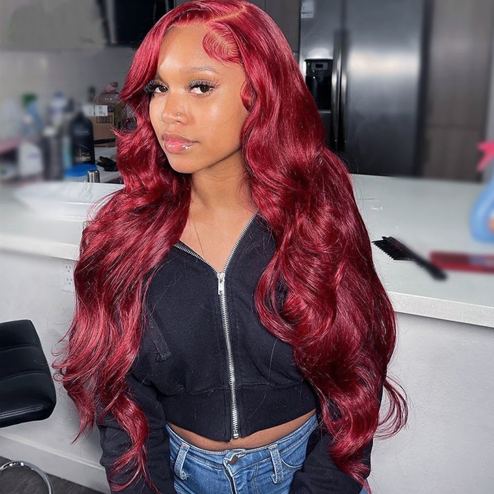 Super Sale Burgundy 99J Body Wave 13x4/13x6 Lace Front Human Hair Wigs 180% 200% Density