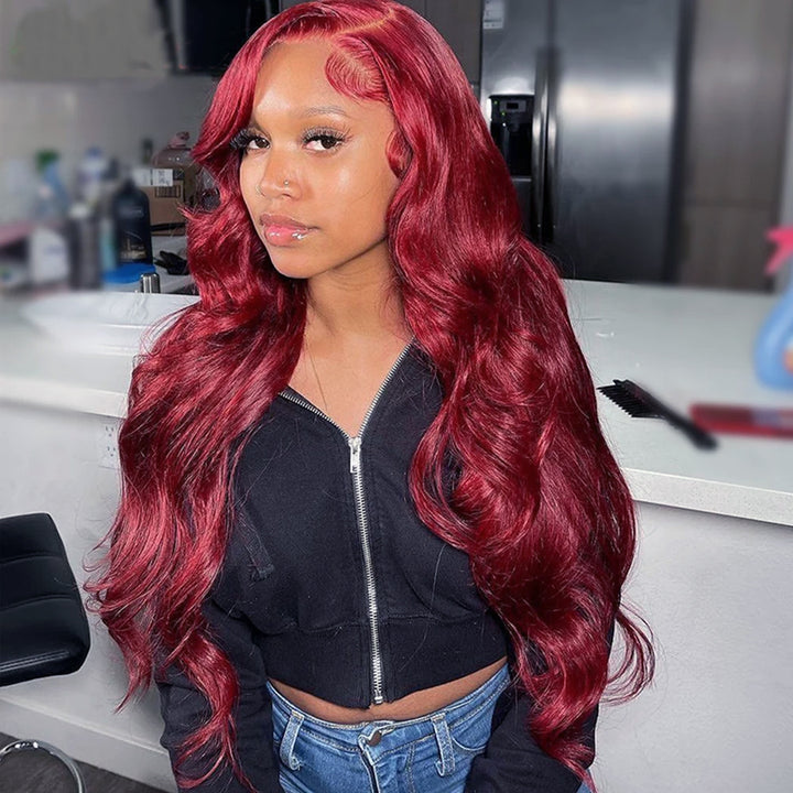 Super Sale Burgundy 99J Body Wave 13x4/13x6 Lace Front Human Hair Wigs 180% 200% Density