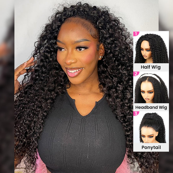 [No Code Needed] 3 In 1 Curly Half Wig Human Hair Flip Over Glueless Wig with Drawstrings