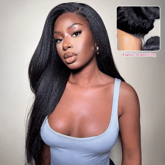 New In Pull Go Kinky Straight Glueless 13X4/13x6 Full Lace Wigs With Hidden Drawstring Pre Bleached Pre Cut Lace Human Hair Wig