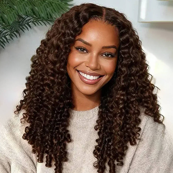 Chocolate Brown Burmese Curly Glueless Wig Human Hair Pull Go 13x6 Full Lace Snug Fit Drawstring Wear And Go Wig